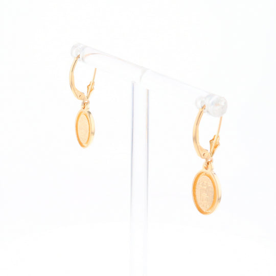 Gold Quartz Earrings Oval Inlaid Design Lever Backs - G2