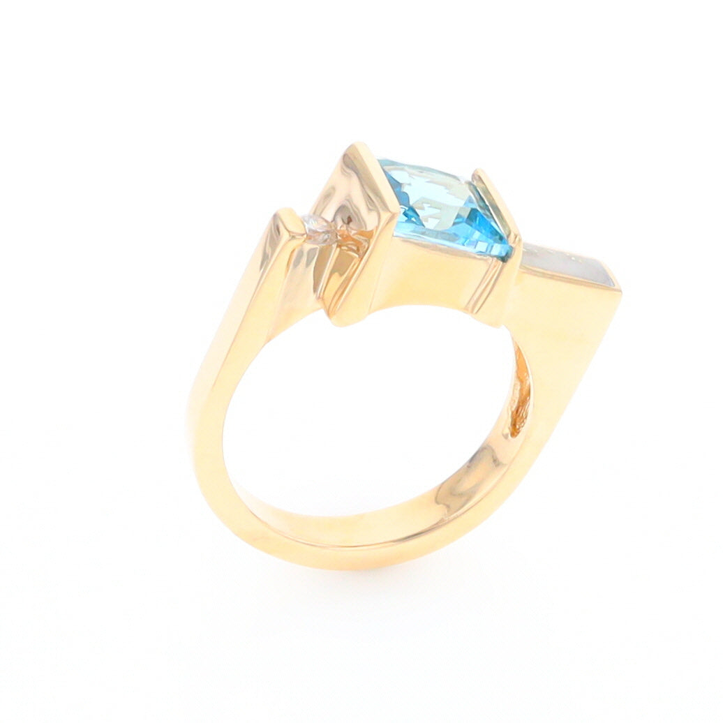 Gold Quartz Ring Rectangle Inlay Swiss Blue Topaz .06ct Round Diamond