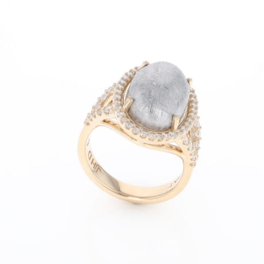 Meteorite Ring Oval Cabochon 0.65ctw Round Diamonds Halo