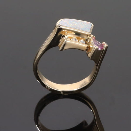 Opal Rings Geometric Inlaid with Pink Sapphire and .08ctw Diamonds