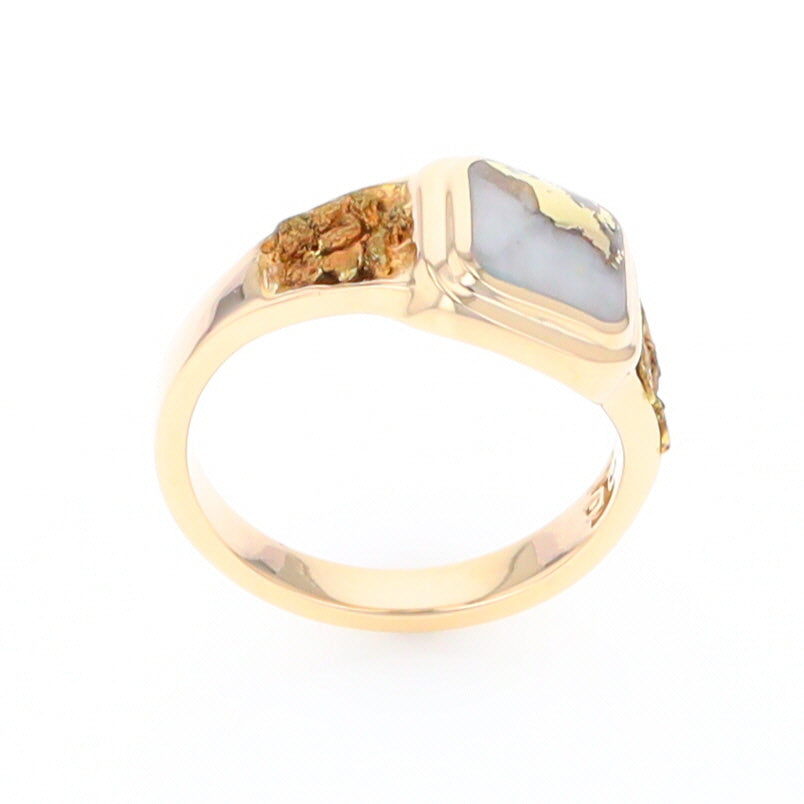 Gold Quartz Ring Square Inlaid Design Double Natural Nugget Sides