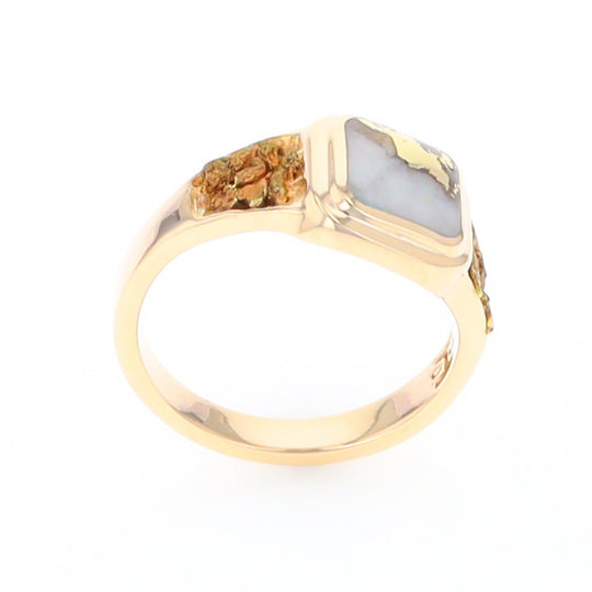 Gold Quartz Ring Square Inlaid Design Double Natural Nugget Sides