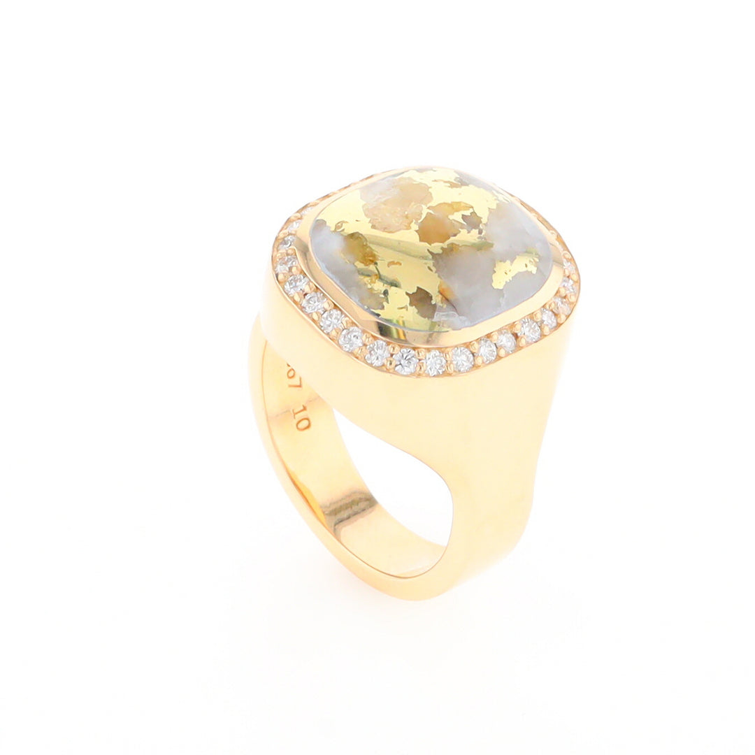 Gold Quartz Cushion Inlaid Men's Ring with Diamond Halo