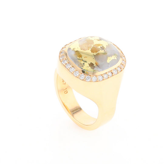 Gold Quartz Cushion Inlaid Men's Ring with Diamond Halo