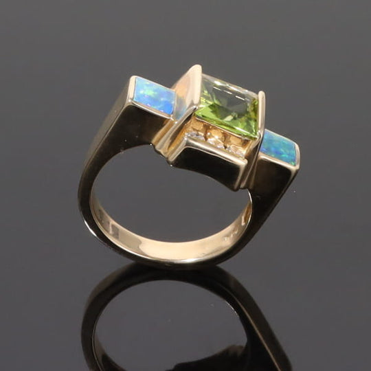 Opal Rings 2 Square Inlaid Peridot with 0.24ctw Diamonds