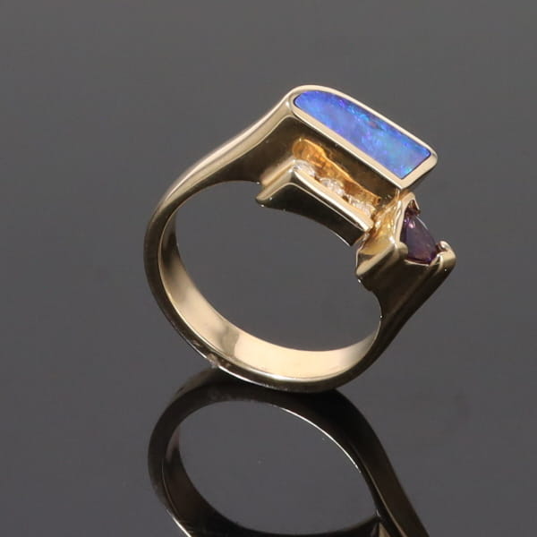 Opal Rings Geometric Inlaid with Amethyst and .08ctw Diamonds