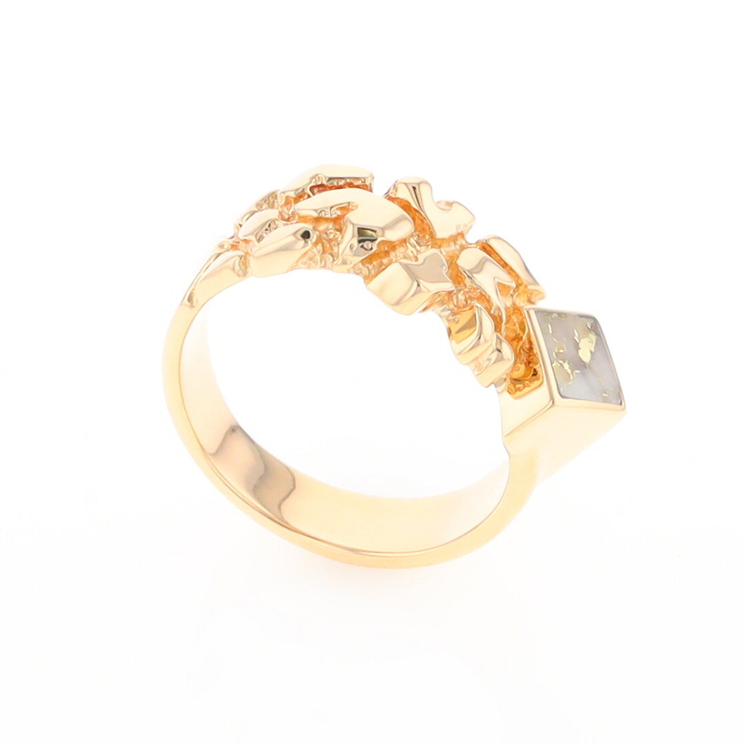 Gold Quartz Ring Diamond Shape Inlay Nugget Design Band