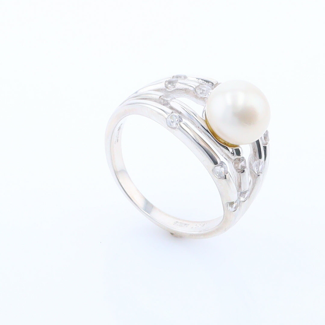 Pearl Bamboo Ring with Cubic Zirconia Accents