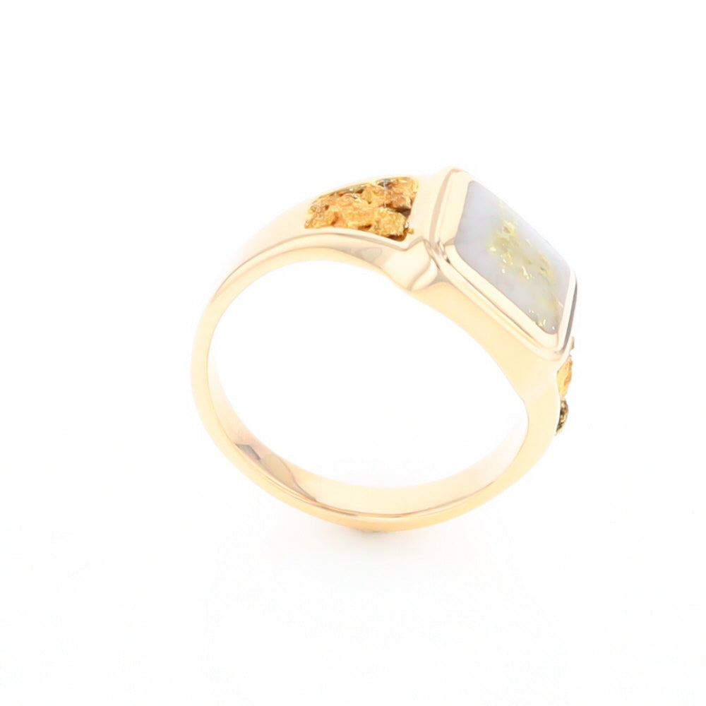 Gold Quartz Ring Square Inlaid Center Design with Natural Nugget Sides