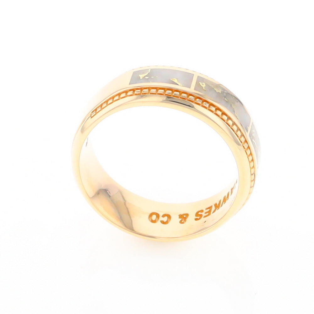 Gold Quartz Ring 3 Section Rectangle Inlaid Milgrain Border Band