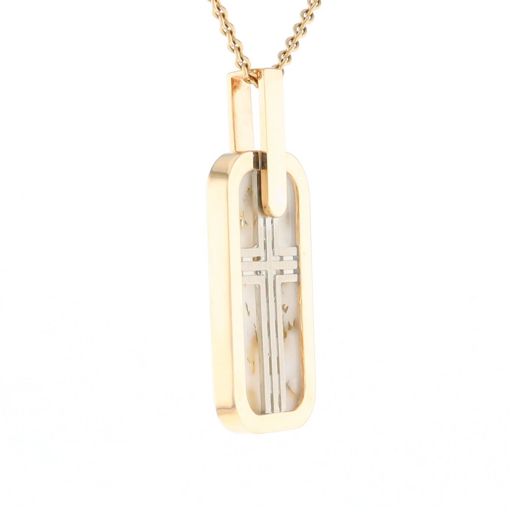 Gold Quartz Necklace Dog Tag Double Sided Inlaid Cross Pendant