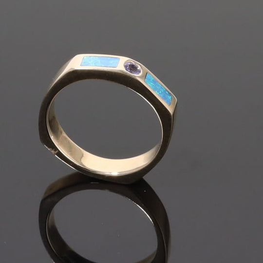 Opal Rings 2 Section Inlaid Design with Round Tanzanite