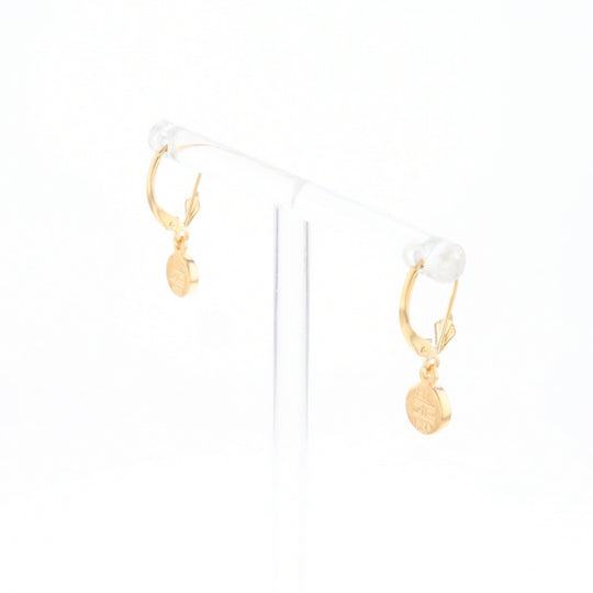 Gold Quartz Earrings Round Inlaid Design Lever Backs