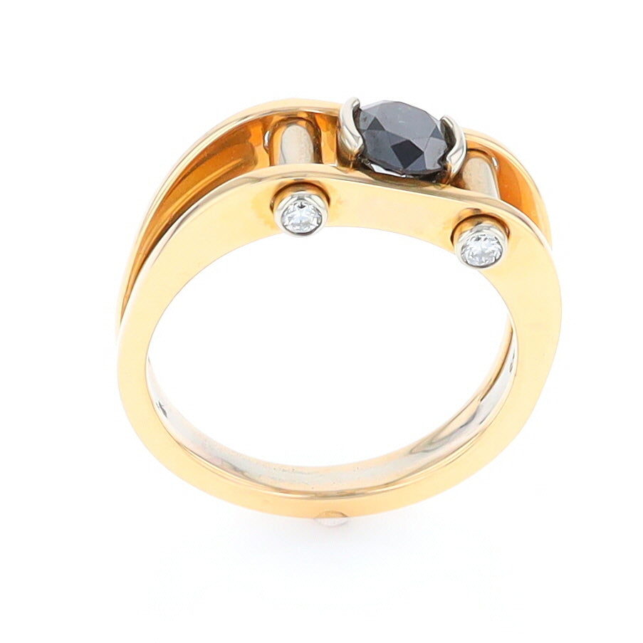 Men's Contemporary White and Yellow Gold Industrial Black Diamond Ring