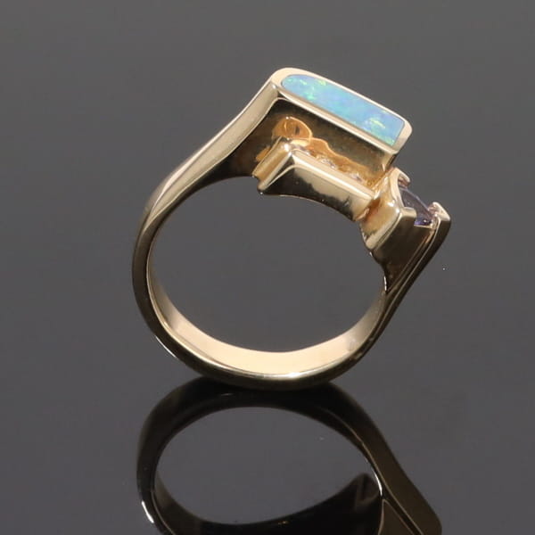 Opal Rings Geometric Inlaid with Tanzanite and .08ctw Round Diamonds