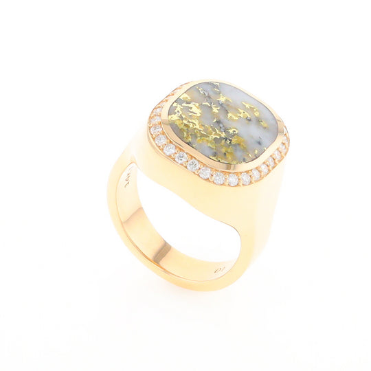 Gold Quartz Cushion Inlaid Men's Ring with Diamond Halo