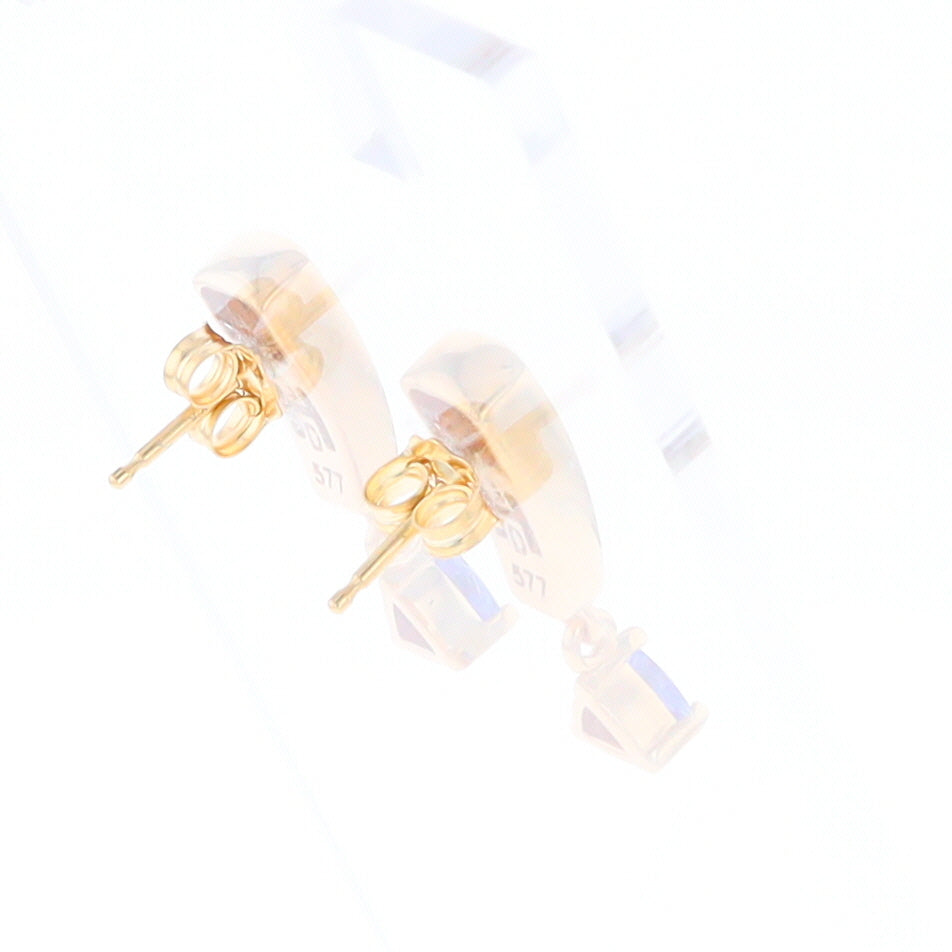 Gold Quartz Earrings Rectangle Inlaid Design with 0.11ct Diamonds & Trillion Cut Tanzanite