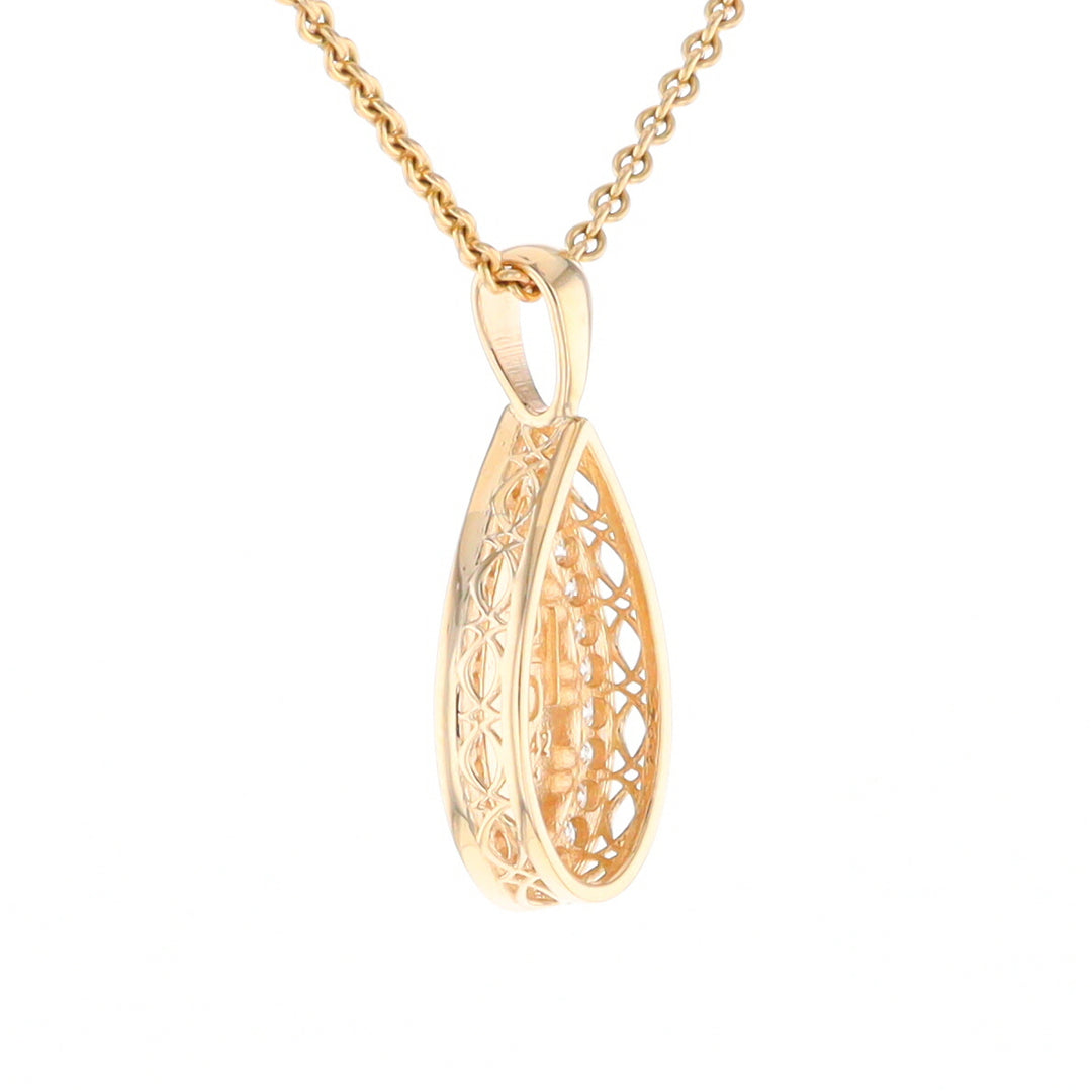 Gold Quartz Pendant Tear Drop Inlaid .42ctw Diamond Halo Design