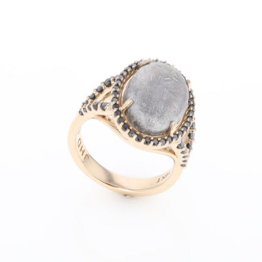 Meteorite Ring Oval Cabochon 0.65ctw Round Black Diamonds Halo
