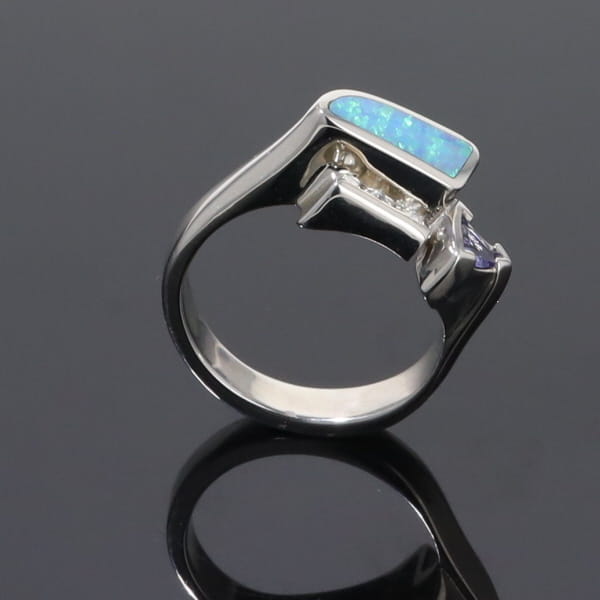 Opal Rings Geometric Inlaid Design with Tanzanite and .08ctw Diamonds