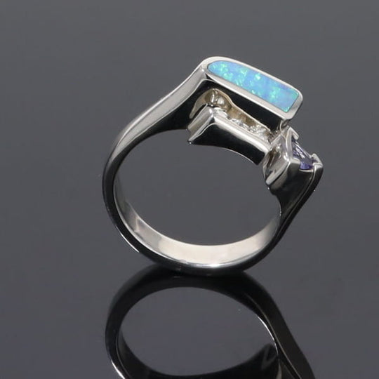 Opal Rings Geometric Inlaid Design with Tanzanite and .08ctw Diamonds
