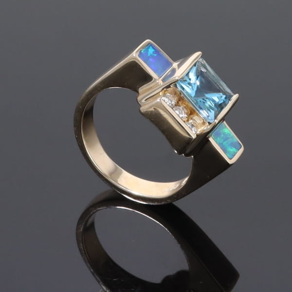 Opal Rings Inlaid Sides Swiss Blue Topaz Center with .24ctw Diamonds