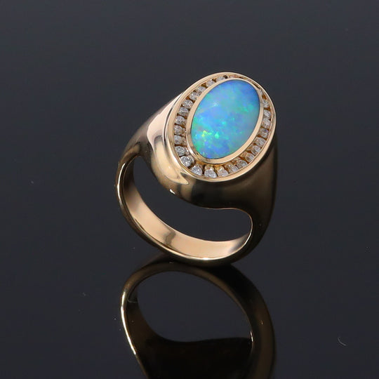 Opal Rings Oval Inlaid Design with .36ctw Round Diamonds Halo