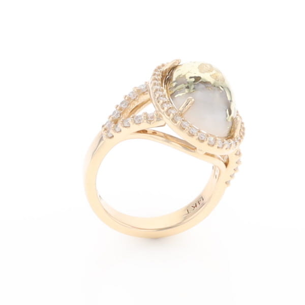 Gold Quartz Ring Oval Cabochon 0.65ctw Round Diamonds Halo
