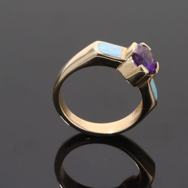 Opal Rings 2 Section Inlaid Design with Oval Amethyst Center