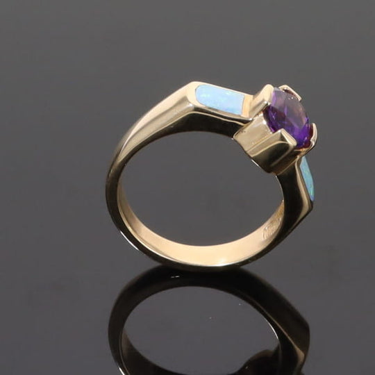 Opal Rings 2 Section Inlaid Design with Oval Amethyst Center