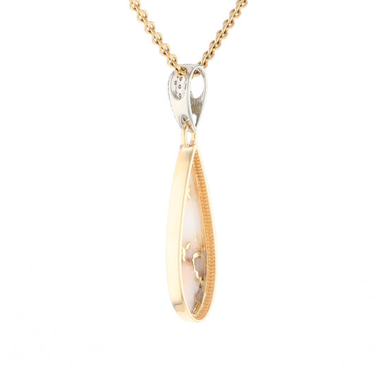 Gold Quartz Necklace, Tear Drop Inlaid Design with .11ctw Diamond Pave Pendant