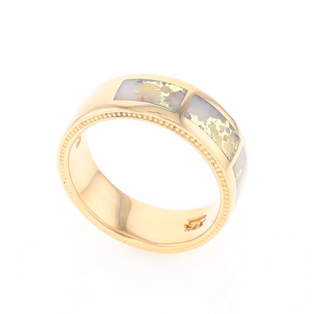 Gold Quartz Ring 3 Section Rectangle Inlaid Band with Milgrain Design