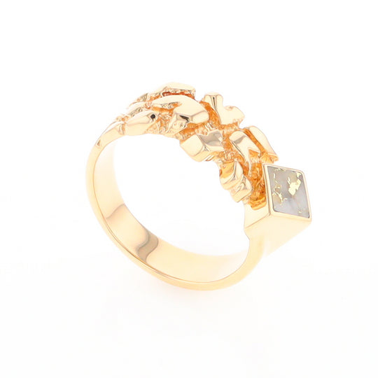 Gold Quartz Ring Diamond Shape Inlay Nugget Design Band