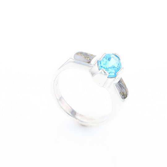 Sterling Silver Gold Quartz Inlaid Oval Blue Topaz Ring - G3