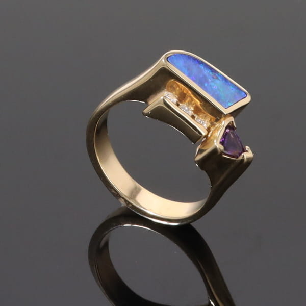 Opal Rings Geometric Inlaid with Amethyst and .08ctw Diamonds