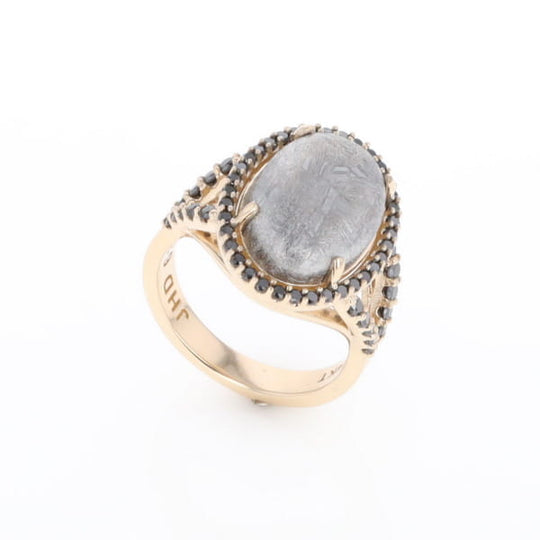 Meteorite Ring Oval Cabochon 0.65ctw Round Black Diamonds Halo