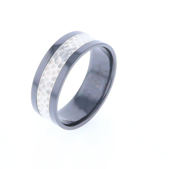 Black Zirconium Textured Silver Inlay Men's Ring