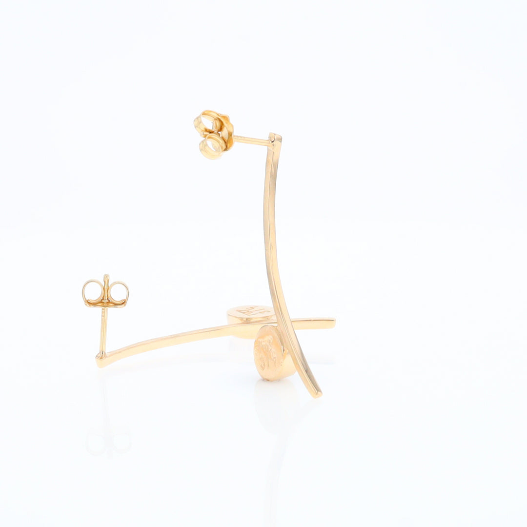 Gold Quartz Earrings Round Inlaid Curved Bar Design