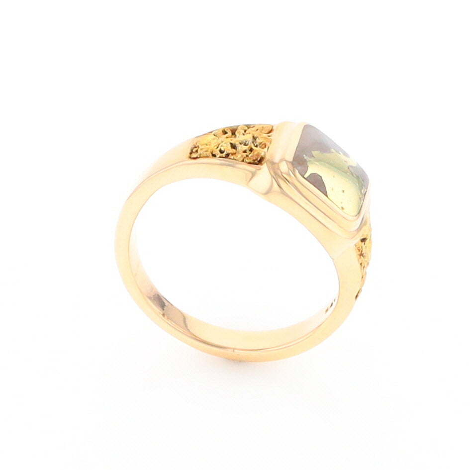 Gold Quartz Ring Square Inlaid Design Double Natural Nugget Sides