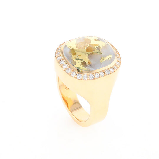 Gold Quartz Cushion Inlaid Men's Ring with Diamond Halo