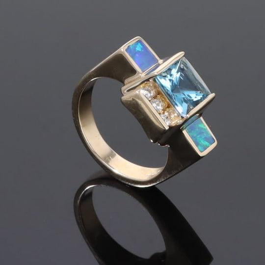 Opal Rings Inlaid Sides Swiss Blue Topaz Center with .24ctw Diamonds