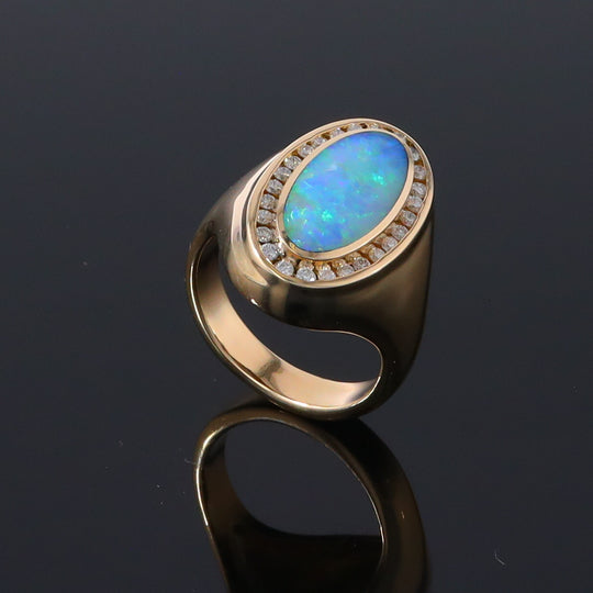 Opal Rings Oval Inlaid Design with .36ctw Round Diamonds Halo