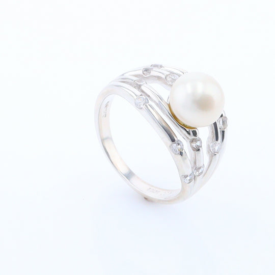 Pearl Bamboo Ring with Cubic Zirconia Accents