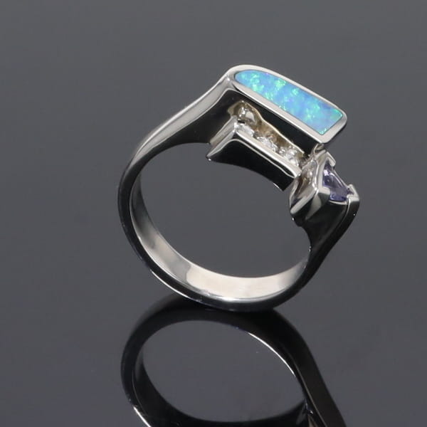 Opal Rings Geometric Inlaid Design with Tanzanite and .08ctw Diamonds