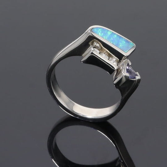 Opal Rings Geometric Inlaid Design with Tanzanite and .08ctw Diamonds
