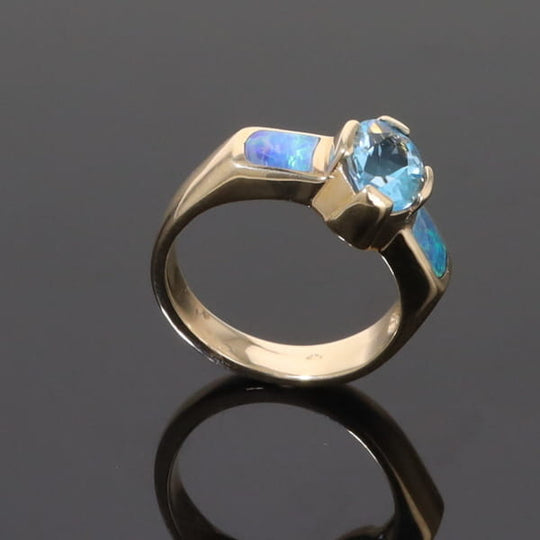 Opal Rings 2 Section Inlaid Design with Oval Swiss Blue Topaz Center