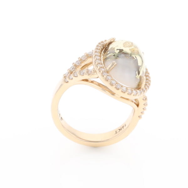 Gold Quartz Ring Oval Cabochon 0.65ctw Round Diamonds Halo