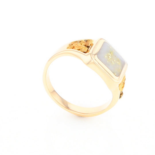 Gold Quartz Ring Square Inlaid Center Design with Natural Nugget Sides