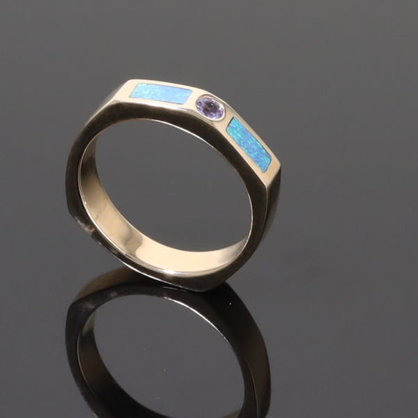 Opal Rings 2 Section Inlaid Design with Round Tanzanite