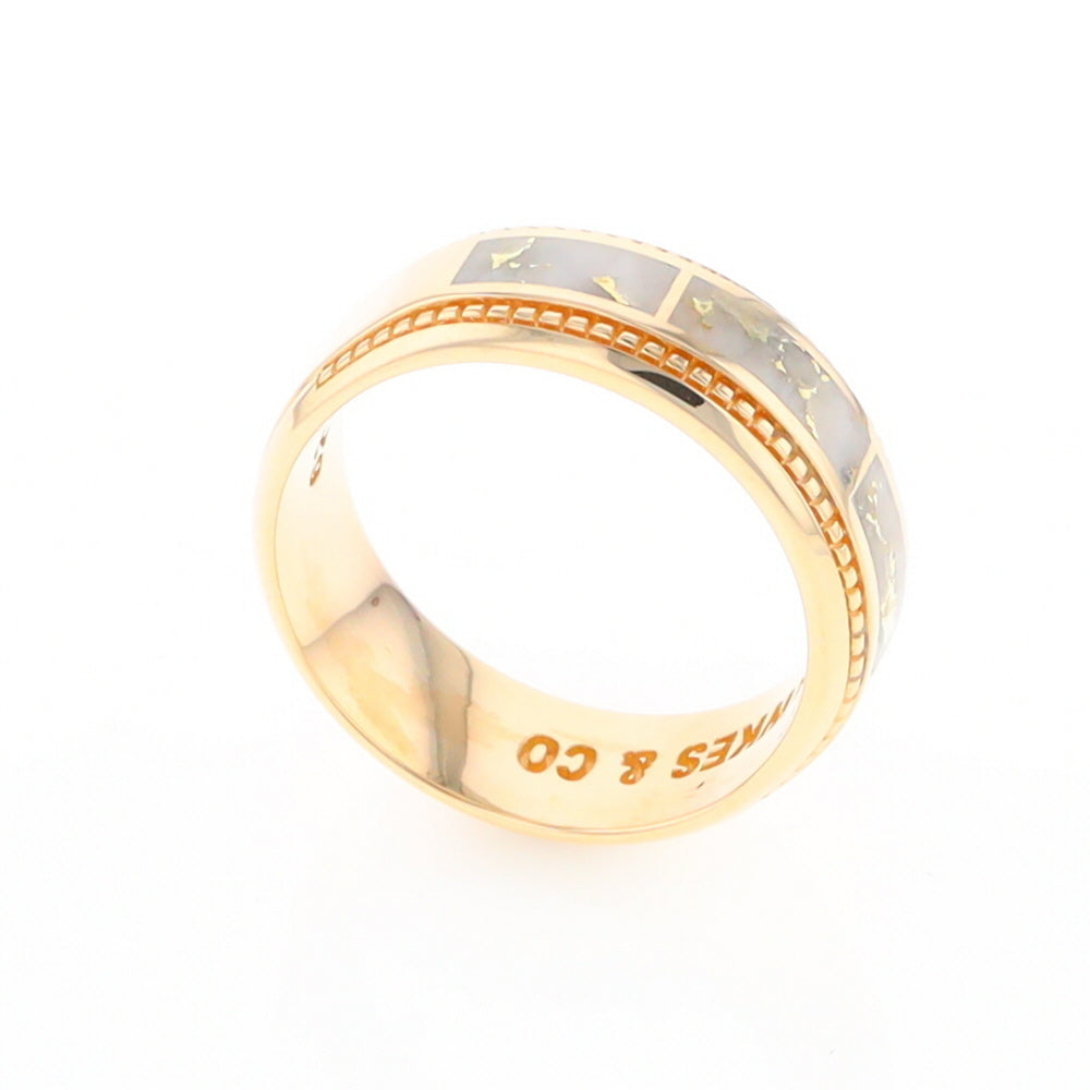 Gold Quartz Ring 3 Section Rectangle Inlaid Milgrain Border Band